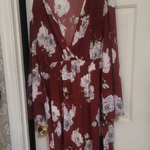 SHEIN Burgundy Floral Long Sleeve Dress